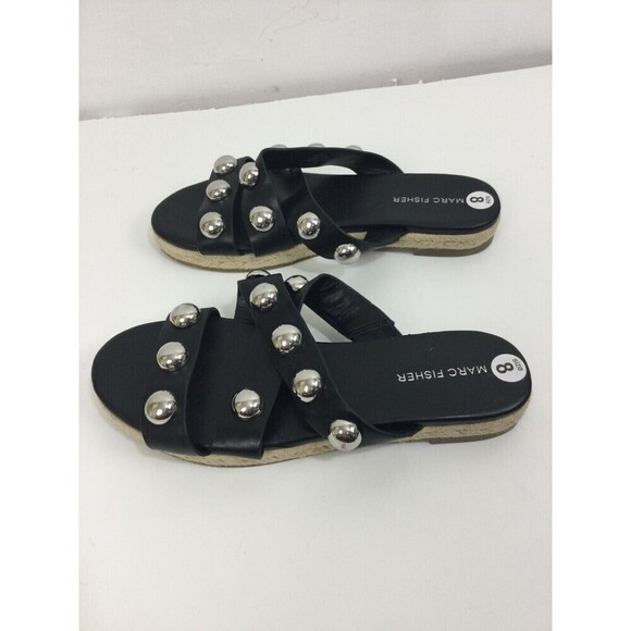 Marc Fisher Prisca Espadrille Silver Studded Slip On Slides Sandals Black Size 8 - Picture 11 of 12